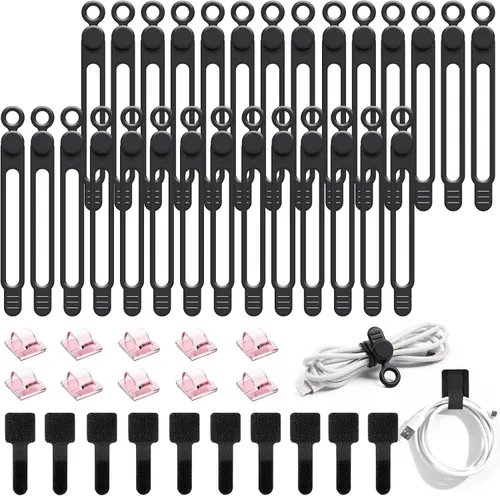 Vista 13 de Kit organizador de cables de 48 piezas, bridas de silicona reutilizables, clips adhesivos fuertes para gestión de cables, gestión de cables