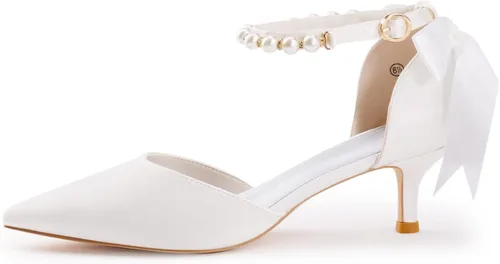 Vista 3 de Coutgo Zapatos de vestir para mujer con correa de tobillo con perlas y tacón bajo D'Orsay de satén en la parte trasera Tieknot Tacones puntiagudos