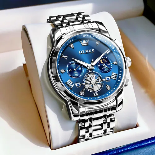 Vista 6 de OLEVS Reloj cronógrafo de acero inoxidable para hombre, reloj de cuarzo analógico de muñeca grande, resistente al agua, con números romanos