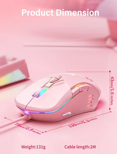 Vista 7 de Ratón con cable USB, ratón de ordenador con iluminación RGB, 4 DPI ajustables, ratón óptico ergonómico de oficina, 7 botones con cable para Rosa