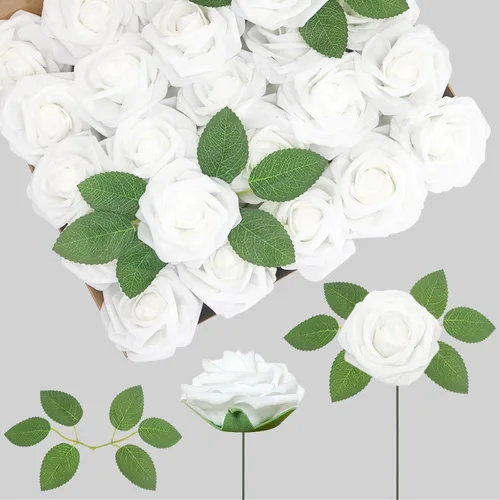 Vista 21 de 25 rosas realistas negras, flores artificiales de espuma de látex con tallos flexibles y 8 hojas para decoración de bodas, hogar y fiestas Negro