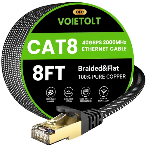 Vista 32 de Cable Ethernet Cat 8 de 2 pies plano, cable de Internet trenzado de alta velocidad de 40 Gbps 2000 MHz con RJ45 chapado en oro, cable LAN de red