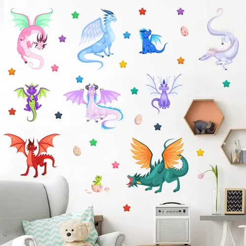 Vista 6 de Calcomanías creativas de pared de dragón de hadas, dibujos animados, alas grandes, dragones, huevos, estrellas, calcomanías de pared fáciles