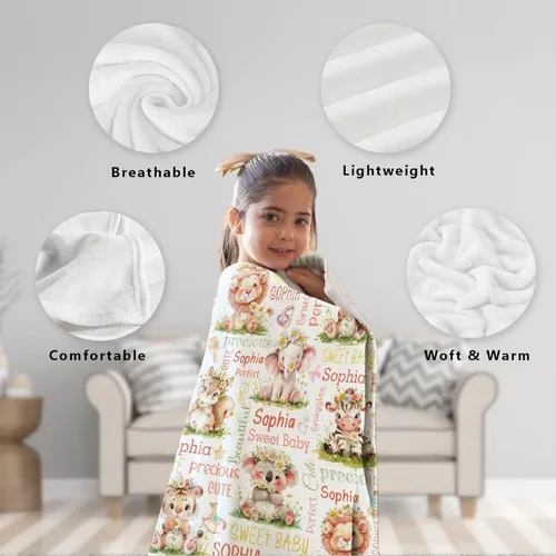 Vista 4 de Manta de bebé personalizada con diseño de animales del bosque, manta personalizada con nombre para niñas y niños, regalos de registro, manta suave