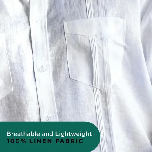 Vista 8 de Cubavera Camisa guayabera de manga larga 100% lino para hombre con cuatro bolsillos, cuello de campamento, detalle de pintuck, ajuste ligero
