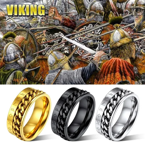 Vista 3 de FaithHeart Anillo giratorio nórdico vikingo con runas de acero inoxidable chapado en oro para hombres y mujeres, puede grabar personalizado