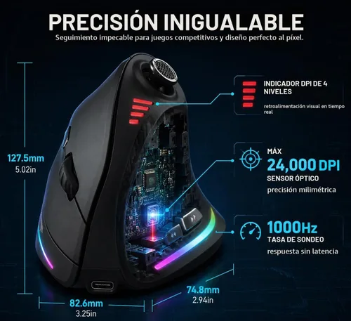 Vista 4 de TKMARS Ratón vertical ergonómico inalámbrico para juegos con joystick, Bluetooth y 2.4G, 12 botones programables, 24000 DPI ajustable, mouse RGB