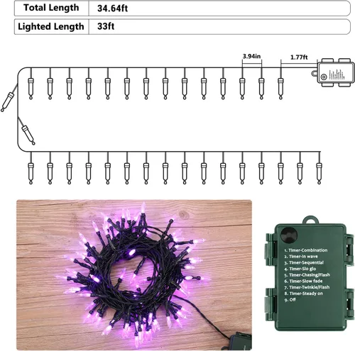 Vista 7 de BrizLabs - Luces de Halloween moradas, 100 luces LED de 33 pies, cadena de luces con 8 modos y temporizador, luz de árbol morada