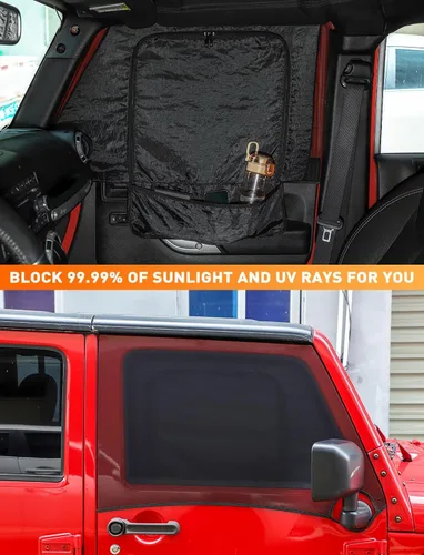 Vista 3 de Savadicar Parasol para ventana delantera, parasol de malla transpirable para ventana lateral, media cubierta, compatible con Jeep Wrangler TJ JK JL