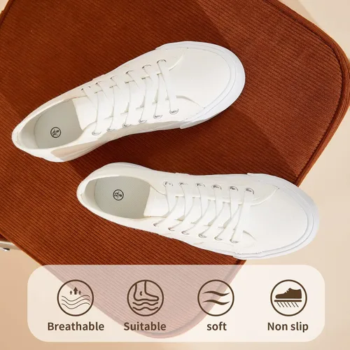 Vista 5 de Waluzs Zapatillas de plataforma para mujer, zapatos de plataforma baja con cordones, zapatos de lona para mujer, zapatos de tenis blancos