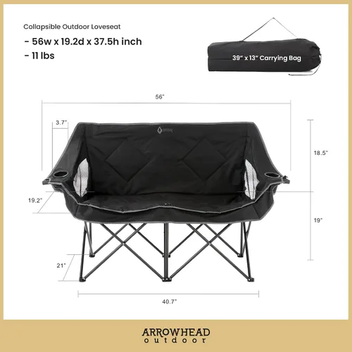 Vista 3 de ARROWHEAD OUTDOOR Silla de camping plegable portátil doble Duo con 2 tazas y soporte para copas de vino, bolsa de transporte, soporta hasta 650