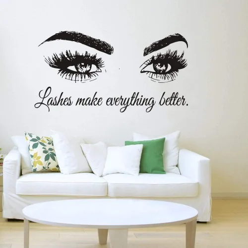 Vista 2 de Calcomanía de pared con texto en inglés "Lashes Make Everything Better", adhesivo de vinilo para salón de belleza, sala de maquillaje, espejo