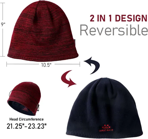 Vista 4 de Lvaiz - Gorro de punto con forro polar de invierno para hombre, reversible, resistente al viento, gorro cálido de calavera para mujer