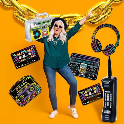 Vista 5 de Zhanmai 26 piezas de decoraciones de fiesta de los años 80 y 90 radio boombox inflable teléfono móvil cadena de globos de papel dorado accesorios