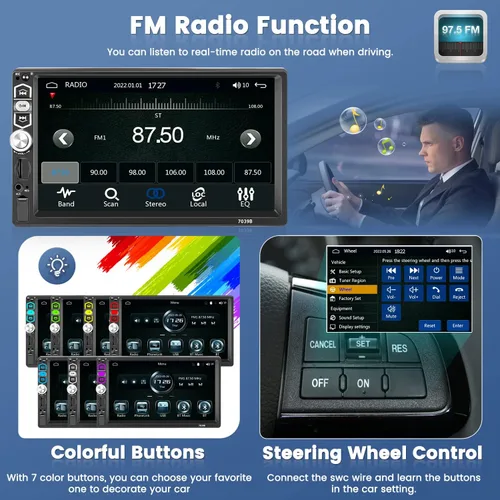 Vista 3 de 7 pulgadas CarPlay Single Din pantalla táctil Radio del coche: Android Auto Car Radio 1 Din con Bluetooth 5.1 AUX USB TF SD ranura FM Radio SWC EQ