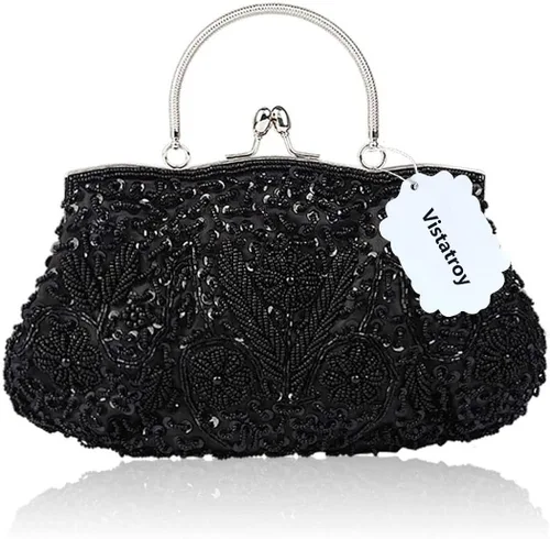 Vista 3 de Vistatroy Bolso de noche de diseñador floral con cuentas con diseño de lentejuelas vintage con cerradura de besos bolso de mano de satén para boda