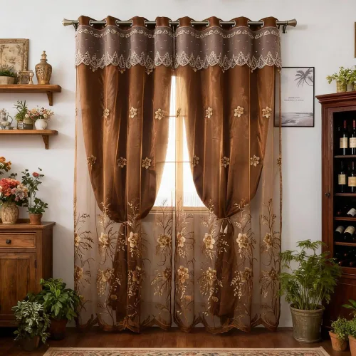 Vista 21 de Amidoudou 1 par de cortinas europeas de doble capa para sala de estar, dormitorio, cortinas bordadas de flores de lujo con cenefa
