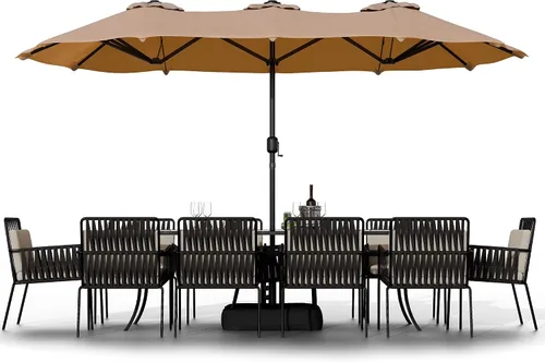 Vista 10 de Shintenchi Sombrilla grande de patio de 13 pies con base, sombrilla rectangular doble cara para exteriores con asa de manivela para césped junto a