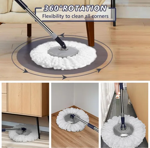 Vista 4 de Masthome EasyWring - Trapeador giratorio de microfibra con 3 almohadillas para mopa y trapeador de polvo Masthome Flat Flip con 4 almohadillas