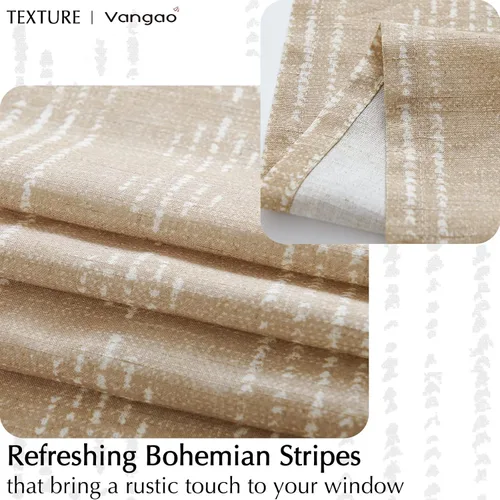 Vista 4 de Vangao - Cortinas de lino estilo bohemio para cocina, diseño rústico de granja, geométrico y a rayas, de doble capa, con bolsillo para varilla