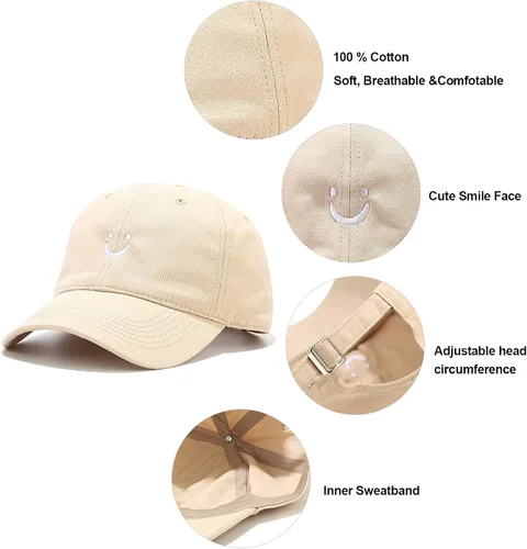 Vista 6 de Umeepar Gorra de béisbol con cara sonriente para mujeres y hombres, ajustable, de perfil bajo, de algodón, sin estructura, para papá