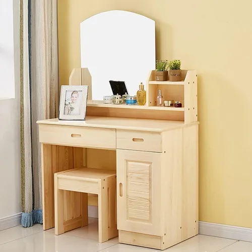 Vista 4 de Tocador de tocador, mesa de maquillaje con espejo, tocador de madera con 3 cajones, gran espacio de almacenamiento, almacenamiento de maquillaje