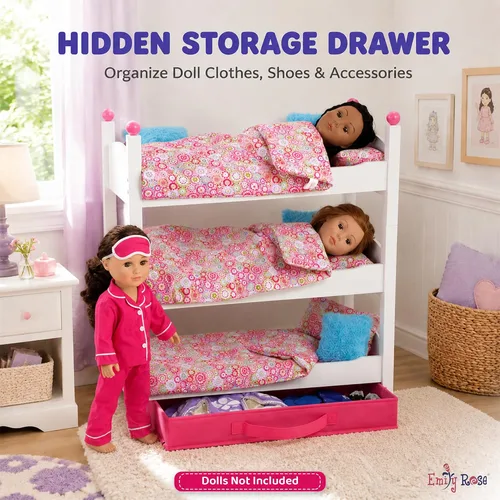 Vista 6 de Emily Rose Muebles para muñecas de 18 pulgadas, 3 camas individuales de madera apilables blancas, litera triple con (3) juegos de ropa de cama