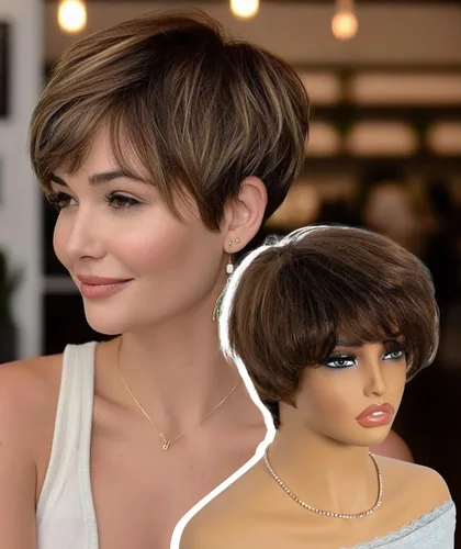 Vista 12 de QUEEN VIRGIN REMY QVR - Peluca de cabello humano con corte Pixie con flequillo, pelucas cortas para mujeres negras, cabello humano de diferentes
