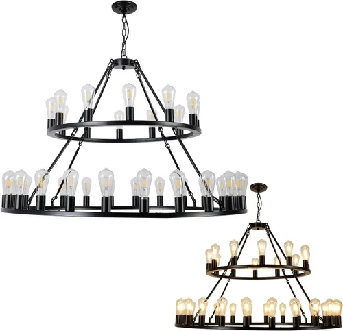 Vista 7 de Candelabro de rueda de carro, 2 niveles, 48 pulgadas, 36 luces, lámpara industrial de granja, lámpara colgante rústica negra, lámpara colgante