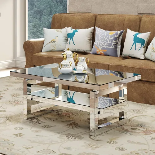 Vista 13 de Mesa de centro de cristal de 39 pulgadas, moderna mesa de centro de vidrio templado de 2 capas, mesas rectangulares para sala de estar, muebles