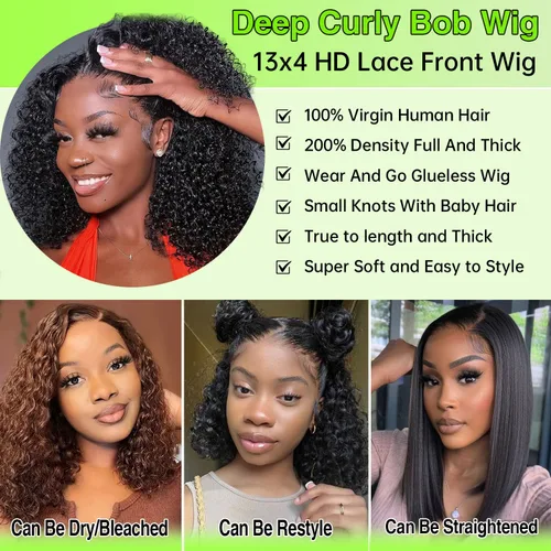 Vista 3 de Pelucas cortas de 10 pulgadas estilo Bob 13x4 con ondas profundas, peluca de pelo humano estilo Bob con encaje frontal HD de 200% de densidad