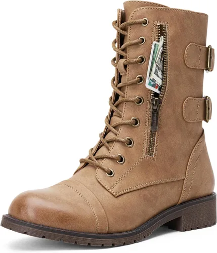 Vista 15 de Vepose Botas de combate para mujer, tacón bajo, botas militares a media pantorrilla con bolsillo para tarjetero, cuchillo y cartera