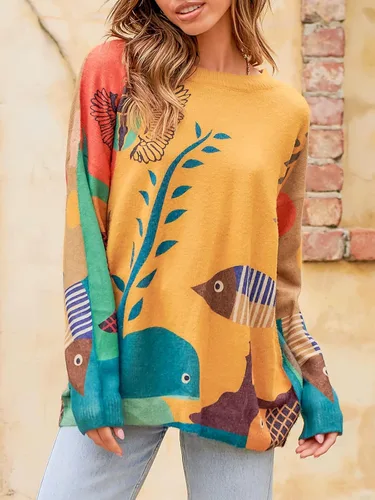 Vista 3 de ANRABESS Suéter bohemio de manga larga con cuello redondo para mujer casual holgado de gran tamaño suéter gráfico