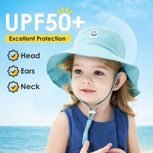 Vista 5 de Zando Sombrero de sol para bebé, con cara sonriente, protección solar UPF 50+, sombrero de cubo ajustable para bebé