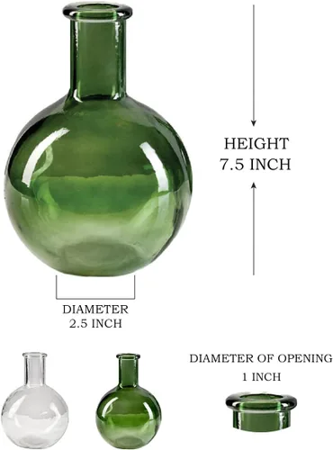 Vista 5 de Serene Spaces Living Juego de 2 jarrones redondos de cristal con cuello de botella verde, florero vintage para mesa de consola, estante, sala