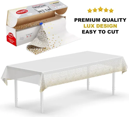 Vista 2 de Vajilla de plástico desechable con borde dorado de 225 piezas + rollo de mantel de plástico 54 pulgadas x 100 pies cubierta de mesa impermeable