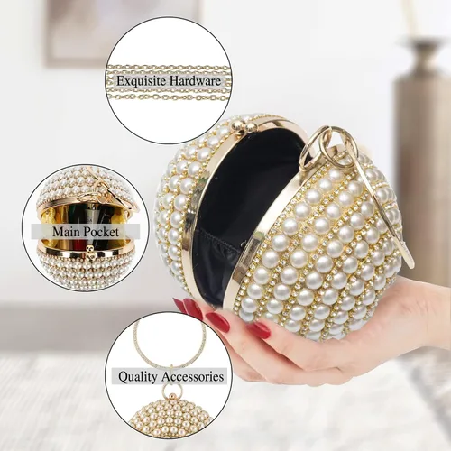Vista 4 de Bolso de mano redondo para mujer, con diamantes de imitación, bolso de noche con cuentas de perlas