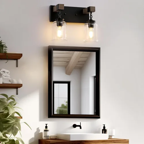 Vista 8 de VbiTmn Accesorios de Iluminación para Baño Estilo Granja, Lámpara de Tocador para Baño de 2 Luces Negro Mate, Estilo Industrial con Pantallas
