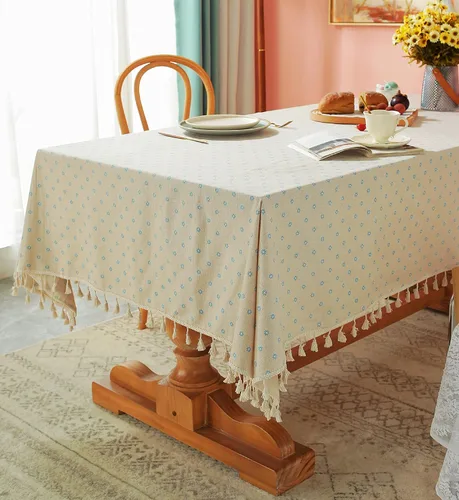 Vista 2 de YUURAINVUVU Mantel de mesa color crema con margaritas azules, manteles rústicos de lino de algodón, manteles de arpillera para cocina, comedor