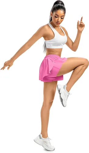 Vista 6 de Leftear Pantalones cortos fluidos para mujer, gimnasio, yoga, entrenamiento, correr, tenis, faldas de elastano, ropa linda, casual, verano, paquete