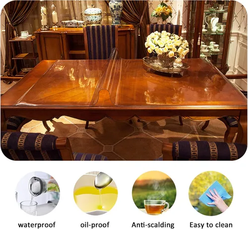 Vista 3 de Protector de mesa de vidrio suave de PVC, protector de mantel transparente con bordes de 68°, placa de cristal de plástico transparente
