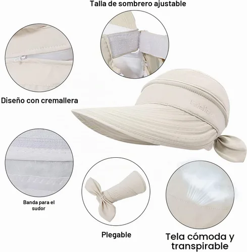 Vista 3 de Sombrero 2 en 1 de ala larga y delgada para protección del sol en exteriores Beige