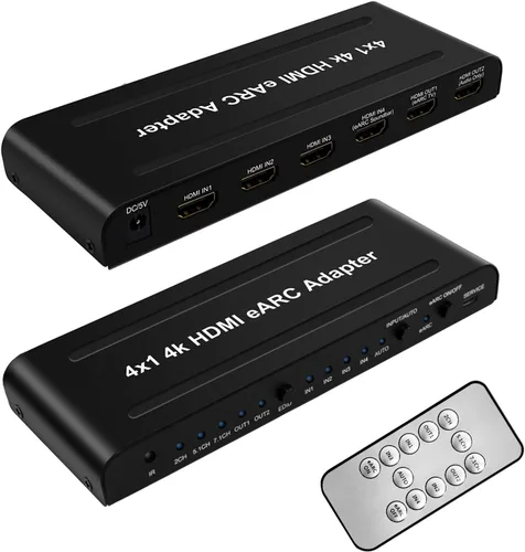 Vista 8 de Interruptor HDMI con extractor de audio eARC, interruptor HDMI 4K60Hz 4 en 1 con salida de audio, compatible con control remoto IR, 18Gbps
