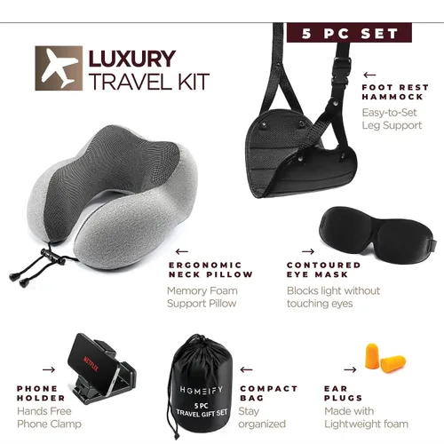 Vista 8 de Homeify Kit de viaje en avión, almohada ajustable para el cuello del avión de espuma viscoelástica con soporte para teléfono, máscara de ojos
