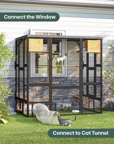 Vista 3 de Cerca exterior Katio para gatos, Katio al aire libre de entrada amplia con acceso a ventana, Katio montado en la pared para múltiples gatos con casa