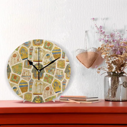 Vista 2 de Pintura de arte beige egipto retro 10 pulgadas redondo niños habitación reloj de pared no tictac moderno para oficina aula comedor reloj para cocina