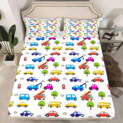 Vista 28 de Juego de sábanas bajeras ajustables para niños, diseño de caricaturas, camiones, tamaño individual, juegos de ropa de cama de excavadoras, camiones