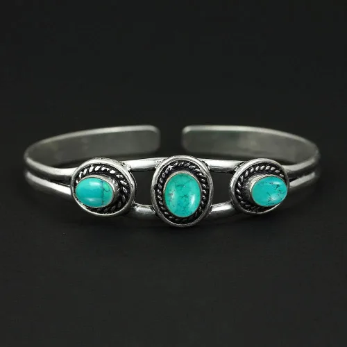 Vista 6 de Natural Three Gemstones 925 Silver Overlay Open Bangle for Women - Oval Stone Vintage Style Handmade Adjustable Cuff Bracelet Jewelry - Perfect for