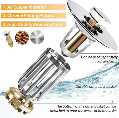 Vista 2 de Anlige Colador de drenaje para lavabo de baño, 2PCS Tapón emergente 3 en 1 para lavabo de baño con cesta de latón extraíble atrapa cabellos, tapón