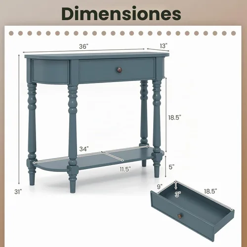 Vista 3 de Giantex Mesa consola de 2 niveles, mesa de entrada retro de 36 pulgadas con cajón de almacenamiento y patas elegantes, mesa de sofá de madera Azul